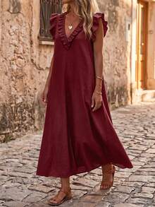 Hotletica Women's Solid Color Ruffle Hem Premium Texture Linen Casual Dress - Burgundy - View 4