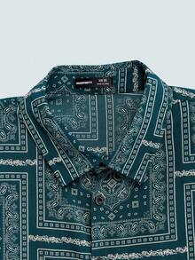 Modcrash Camisa suelta de talla grande para hombres con estampado de paisley y pañuelo - Verde Oscuro - Ver 10