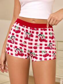 Betty Boop x SHEIN Women's Plaid Cherry Print Casual Everyday Hipster Panties - Red - View 5