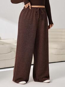 Solflare Plus Size Casual Loose Drawstring Waist Long Pants - Coffee Brown - View 3
