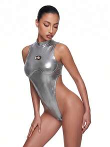 SHEIN ICON Catsuit Metálico Con Cuello Alto Y Dobladillo Asimétrico - Plateado - Ver 1