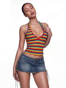 SHEIN ICON 性感深 V 领带挂脖彩虹条纹上衣 - 彩色 - 查看 8
