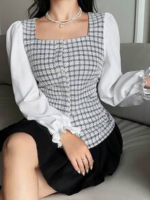 Dazy Plus Blusa elegante de talla grande con bloques de color, patchwork y puños acampanados para primavera, verano y otoño - Gris - Ver 7