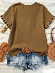 Linhara CURVE Plus Size Woven Casual Resort V-Neck Short-Sleeved Summer Women's Shirt - Coffee Brown - View 2
