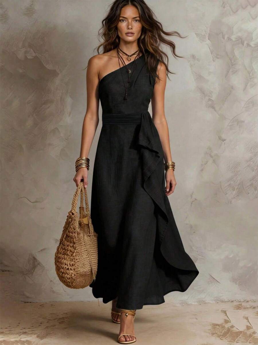 Solivie Women's Solid Color One-Shoulder Patchwork Ruffle Sleeveless Elegant Dress - Black - View 1