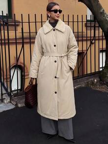 DAZY Women's Fashion Single-Breasted Long Sleeve Pocket Padded Coat Minimalist - Light Grey - View 7