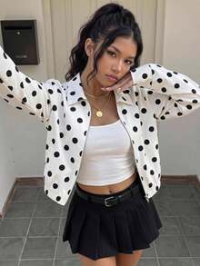 SHEIN 兒童青少年女孩秋冬新款休閒龐克時尚波點印花長袖拉鍊寬鬆短夾克，酷街頭風運動單車拉鍊外套，Y2K服飾，返校季 - 白色 - 查看 8