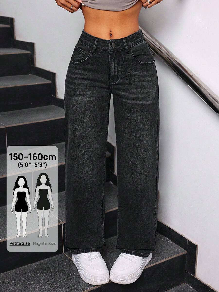 SHEIN PETITE 女款休閒高腰寬腿牛仔褲,附口袋,適合日常穿著與旅行,適合嬌小女性 - 黑色 - 查看 1