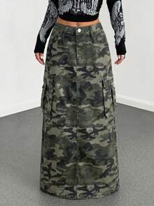 SHEIN Teen Girl Flap Pocket Design Camouflage Workwear Denim Skirt For Rave Festival - Army Green - View 6