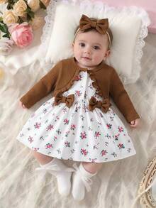 SHEIN Robe d'anniversaire d'été rose clair mignonne pour bébé fille nouveau-né & Bandeau assorti Ensemble 2 pièces Long - Tabac - Voir 2