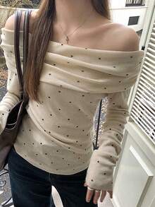 DAZY Women's Black Polka Dot Print Slim Fit Long Sleeve Knit T-Shirt With Open Shoulder Ruffle Neckline Going Out Everyday Tops Autumn French Elegant - White - View 1