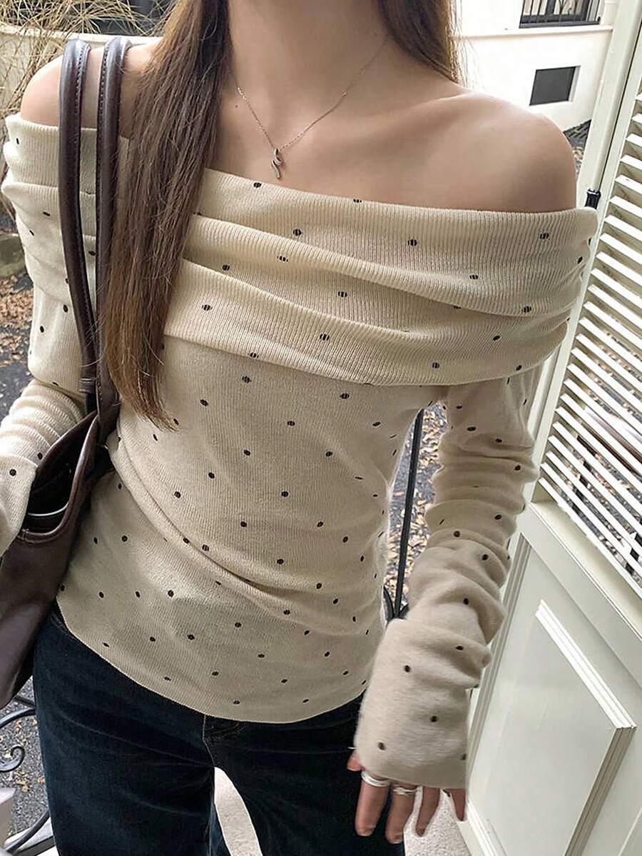 DAZY Women's Black Polka Dot Print Slim Fit Long Sleeve Knit T-Shirt With Open Shoulder Ruffle Neckline Going Out Everyday Tops Autumn French Elegant - White - View 1