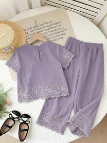 LMoss Kids 女童圓領花卉刺繡圖案短袖上衣與長褲套裝 - 紫色 - 查看 2