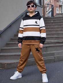 SHEIN 兒童大童男孩連帽拼色長袖秋季運動衫與運動長褲套裝 - 彩色 - 查看 2