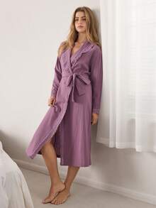 Ocili Women's Solid Color Contrast Lace Long Sleeve Elegant Loungewear Robe - Lilac Purple - View 6