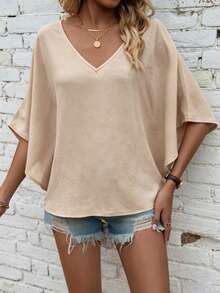 EMERY ROSE Blusa minimalista de unicolor con escote en V para mujer - Albaricoque - Ver 3