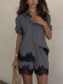 Siren Gaze Ensemble 2 pièces décontracté pour femme avec top à manches longues à rayures simple boutonnage et short avec bordure en dentelle pour le quotidien - Multicolore - Voir 15