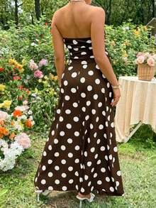 Lyckli Maternity Polka Dot Ruched Elegant Romantic Waist-Cinched Strapless Party Going Out Wedding Guest Dress Summer Brown - Mocha Brown - View 8