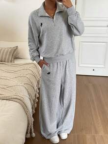SHEIN EZwear 淺灰色刺繡細節運動衫與運動長褲套裝 - 淺灰色 - 查看 4
