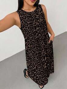 Shapeblank Plus Size Women's Leopard Print Round Neck Pocket Casual Sleeveless Dress - Multicolor - View 5