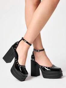 ROMWE Grunge Punk Ladies Street Nightclub Solid Color Glossy Mary Jane Platform High Heel Shoes Punk Goth Vintage Metal Rivets - Black - View 4