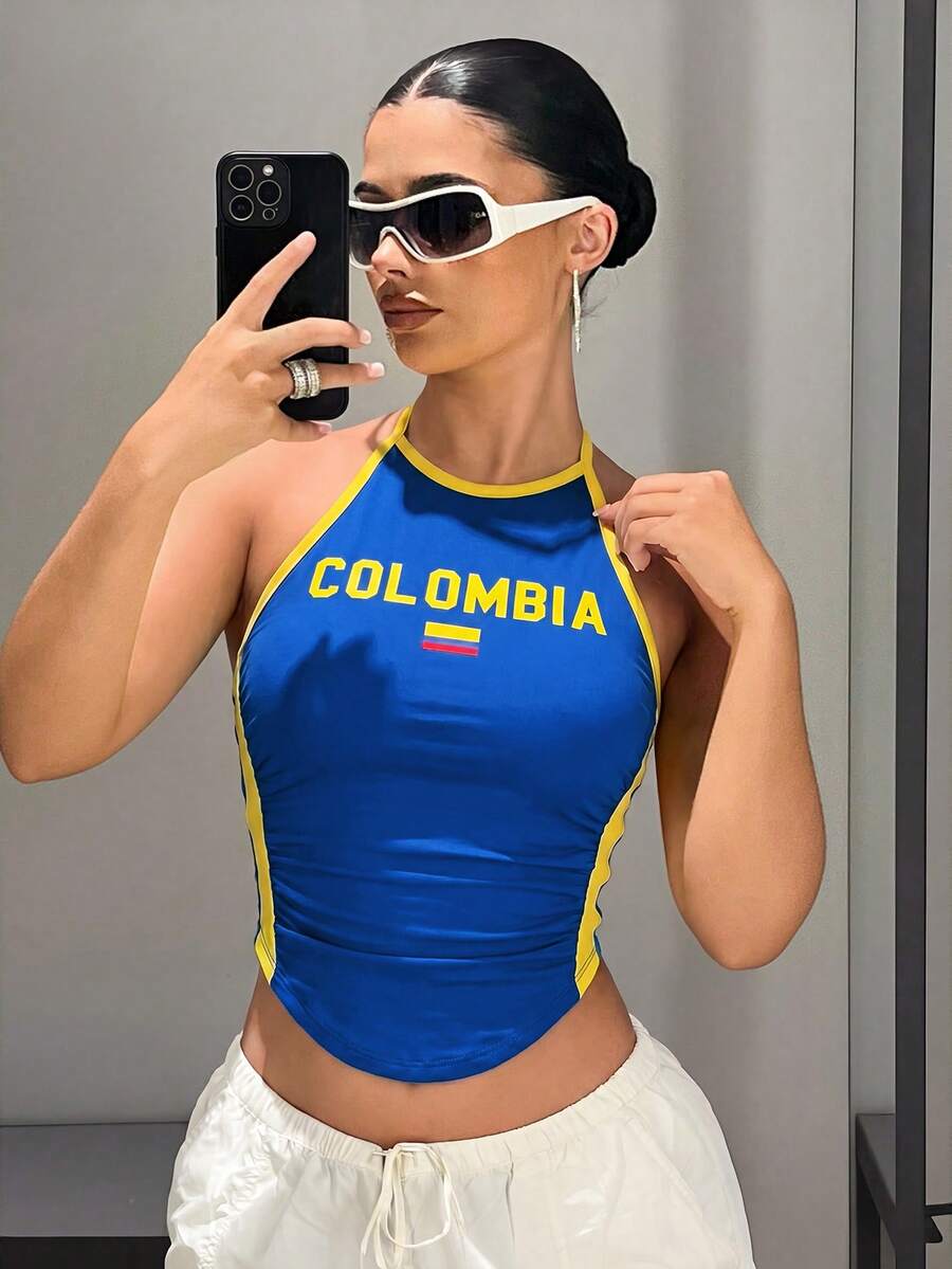 SHEIN ICON 女款字母印花修身掛脖上衣,適合日常穿著 - 藍色 - 查看 1