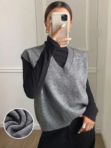 DAZY 女式宽松纯色V领毛衣背心，秋冬，返校服装 - 深灰色 - 查看 1