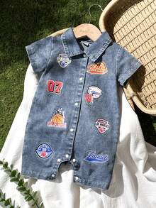 SHEIN Vintaside Kids 男嬰夏季運動數位籃球印花短袖連身衣 - 霧霾藍 - 查看 3