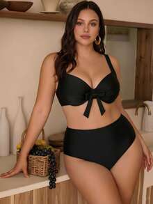 Swim Chiccia 大码女士简约纯色软杯钢圈比基尼上衣，饰有蝴蝶结，适合海滩和度假穿着 - 黑色 - 查看 3