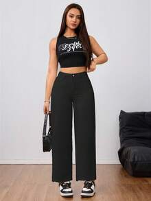 SHEIN Tall 女款休閒純色斜口袋直筒牛仔褲，適合高個女性 - 黑色 - 查看 4