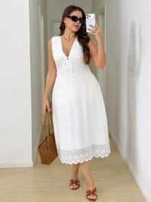 Easowa Curve Plus Size White Summer Elegant Vacation Holiday Women's Embroidered Sleeveless Dress,Lace-Up Front Mid-Length Eyelet Lace Trim Boho Casual Outfits - White - View 7