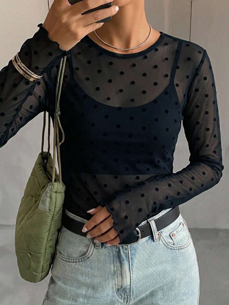 FRIFUL Women's Polka Dot Print Mesh Long Sleeve Casual Top - Black - View 1