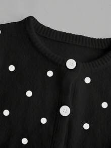 SHEIN BASICS 黑白波點長袖針織開襟衫，時尚優雅，休閒約會通勤秋季款 - 黑色 - 查看 4