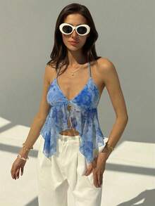 Aloruh New Summer Orange Floral Tropical Print Sexy Deep V Backless Crop Top, Suitable For Going Out, Beach, Vacation - Dusty Blue - View 4