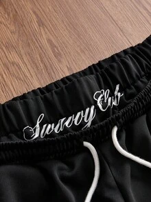 SWAVVY 男士雙腰帶字母印花短款運動休閒褲 - 黑色 - 查看 3
