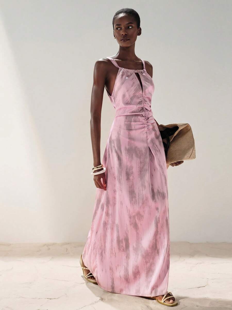 Frievida Purple Gradient Brushstroke Textured Satin Ruched Waist Spaghetti Strap Sleeveless Dress Minimalist Tropical European Elegant Commute Party Vacation - Pink - View 1