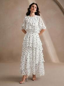 Anewsta Novo Vestido de Praia de Verão Feminino, Vestido de Chiffon Azul com Babados Multicamadas e Fenda Assimétrica, Saia Romântica Fluida - Branco - Visão 4