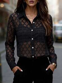 SHEIN Clasi Camisa unicolor con botón delantero sin sujetador - Negro - Ver 3