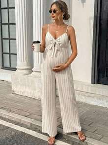 SHEIN Maternity Spaghetti Strap Bow Decor Striped Jumpsuit - Khaki - View 3