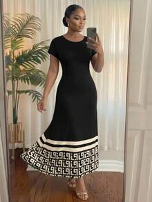 SHEIN Lady CURVE 大尺碼女款圓領拼色休閒派對與旅行洋裝 - 黑色 - 查看 3