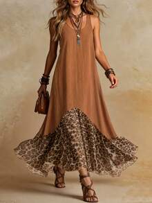 Solivie Women's Retro Boho Vintage Bohemian Leopard Print Dress, Elegant For Summer Holiday, Holiday Vacation Brown Vacation,Dresses For Women Summer Vacation - Brown - View 9