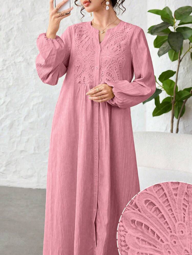 Al Najma Notched V-Neck Embroidered Patchwork Textured Solid Color Arabian Dress - Pink - View 2