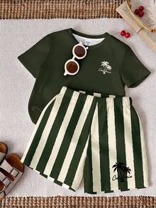 SHEIN Baby Jungen Lässig Minimalistisch Kokosnussbaum Muster Rundhals T-Shirt und Shorts Set, geeignet für den Sommer - Verschiedenfarbig - Übersicht 1