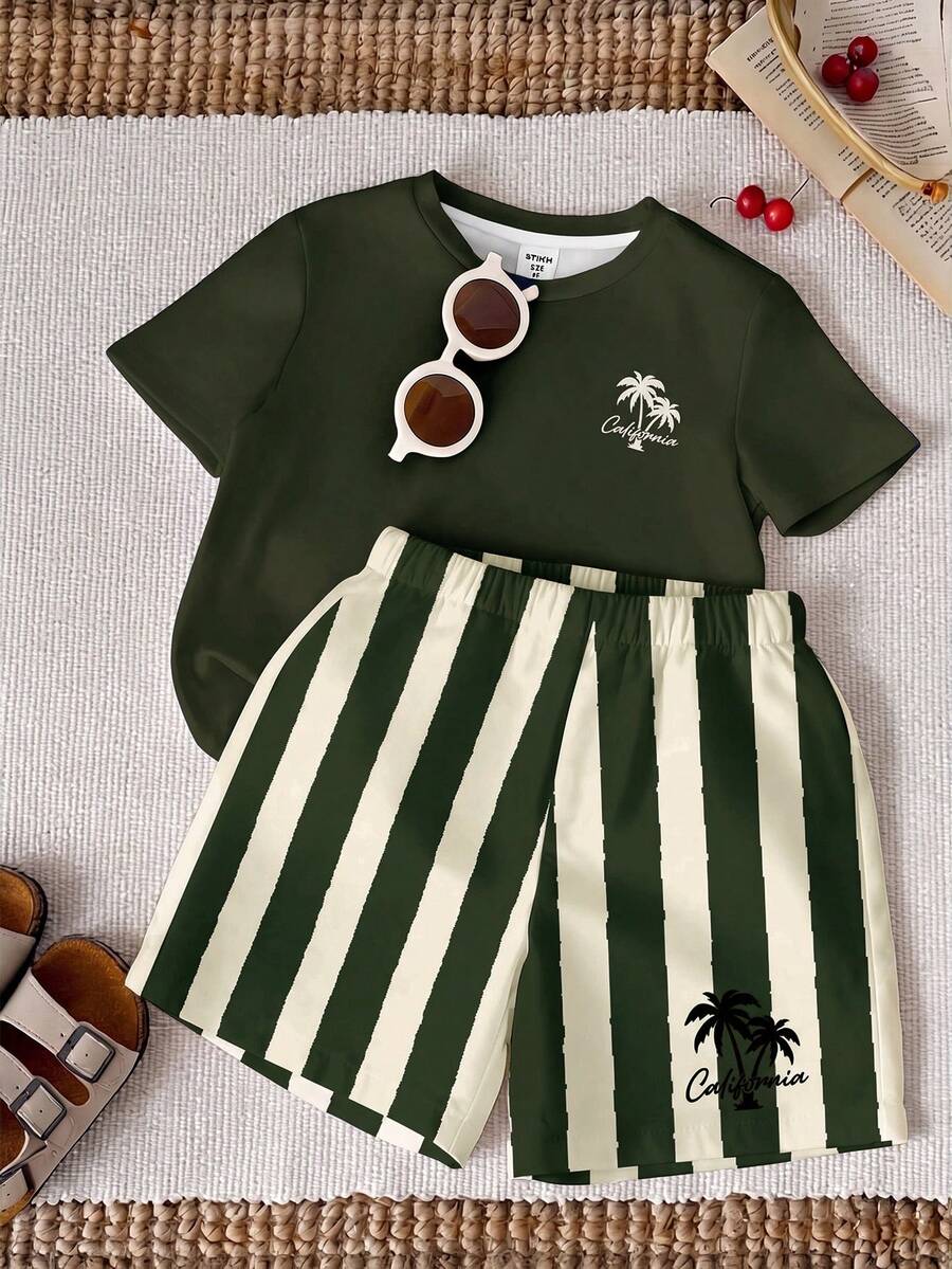 SHEIN Baby Jungen Lässig Minimalistisch Kokosnussbaum Muster Rundhals T-Shirt und Shorts Set, geeignet für den Sommer - Verschiedenfarbig - Übersicht 1