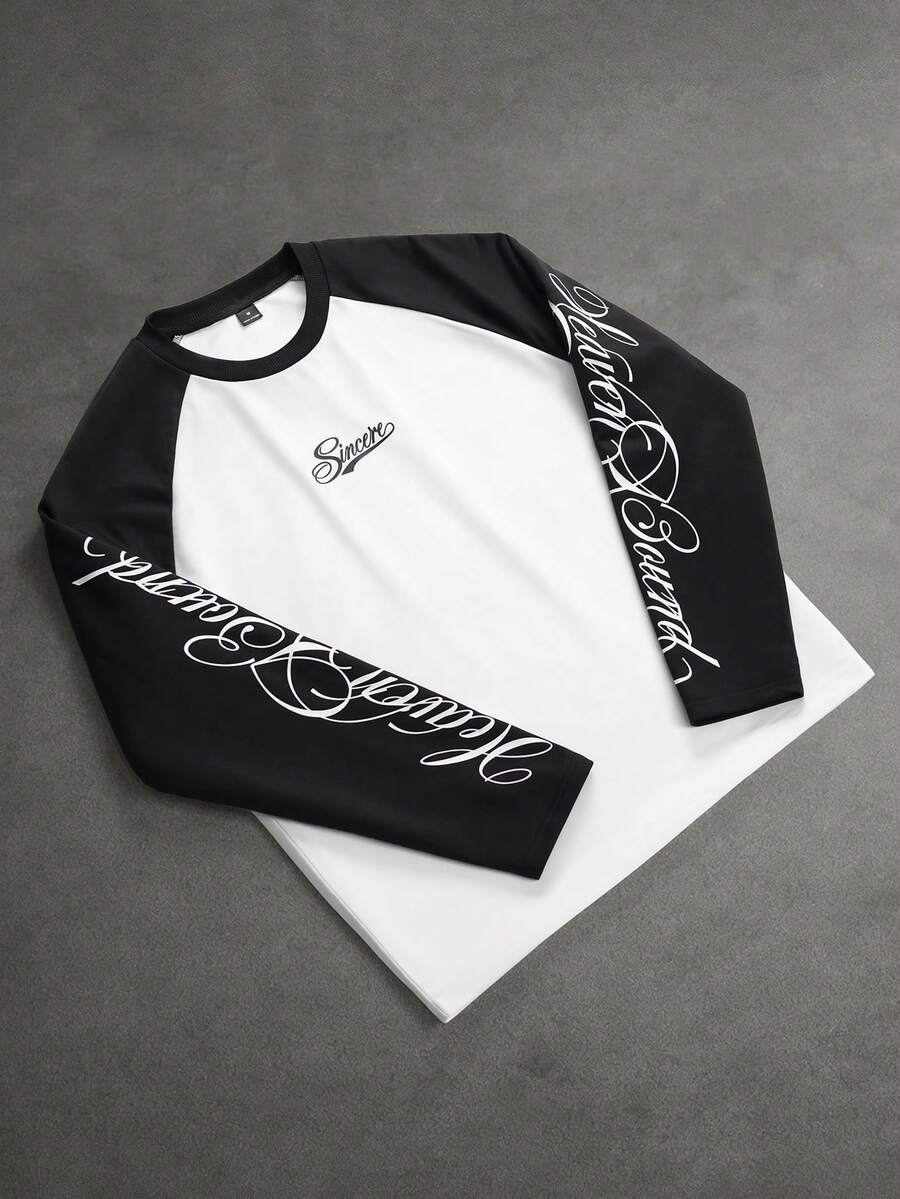 SLATEMANN Camiseta de hombre con bloques de color, patchwork y estampado de letras - Blanco y Negro - Ver 1