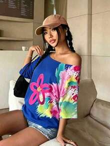 INAWLY Women's Casual Floral Print Off Shoulder T-Shirt, Summer - White - View 3