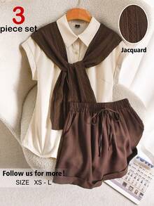 Story & Sage Women's Shawl Design Short Sleeve Top And Shorts Casual Daily Set - Coffee Brown - View 2