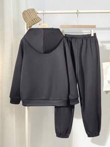 SHEIN Teen Boys Casual Loose Comfortable Colorful Graphic Print Autumn Hoodie & Sweatpants Set With Woven Label Decoration - Dark Grey - View 2
