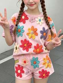 青少年女孩休閒可愛趣味紋理碎花甜美奶油風田園風圓領短袖T恤寬鬆短褲兩件套，適合春夏，圖案舒適，女孩套裝，Y2K復古度假風 - 彩色 - 查看 2