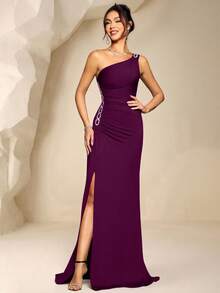 Coutiva Elegant One-Shoulder Ruched Bust Slit Mermaid Evening Dress - Red Violet - View 6